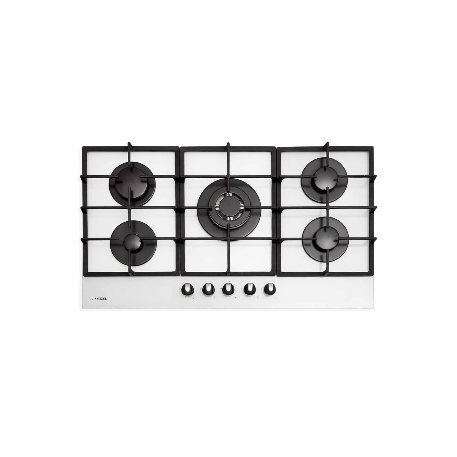 اجاق گاز رومیزی توکار ایلیا استیل مدل G527 W شیشه‌ای سفید با ۵ شعله پرقدرت و شبکه‌های چدنی